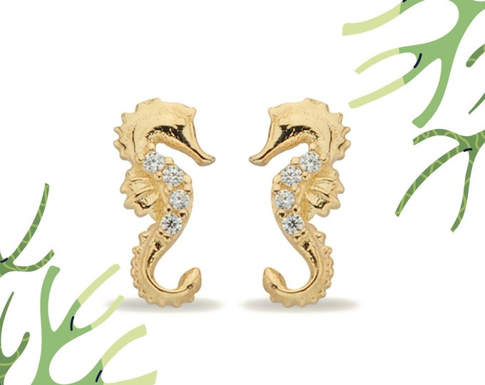 14K Real Gold Seahorse Studs Earrings