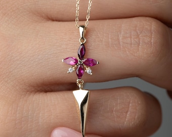 Cz Marquise Ruby Dangle Spike Necklace