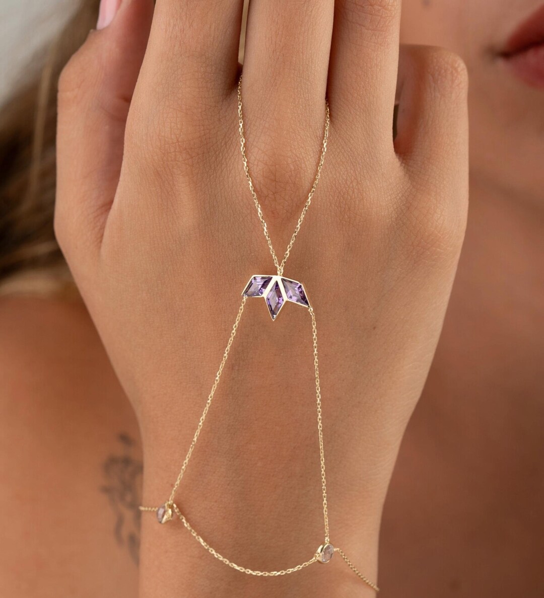 Calkkrer Collana a mano in oro 14 carati con anello da donna, con anello cromato, anello a mano, con ciondolo, guanti di zircone, bracciale da donna
