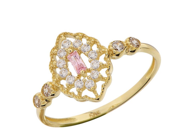 14K Gold Ring with Pink Baguette and Round White Stones – Elegant Filigree Design – Dainty Engagement or Anniversary Jewelry