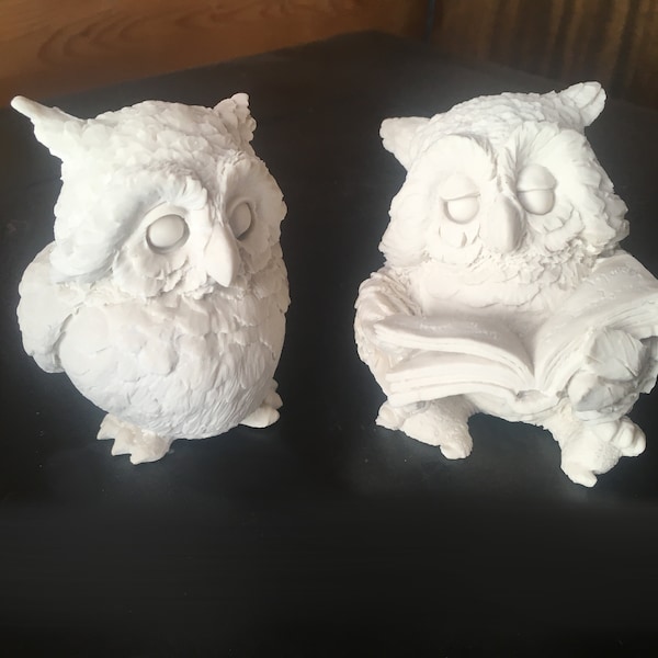 little owl figurines ready to paint, reading owl, bisque owl, fairy garden owl, owl statue, tree owl, fairy garden, miniature owl, garden