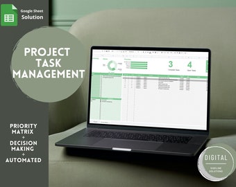 May include: A laptop computer displaying a Google Sheet spreadsheet with the title "Project Task Management". The spreadsheet includes a priority matrix, decision making, and automated features. The laptop is on a green couch with a green and white "Digital Sideline Solutions" logo in the lower right corner.