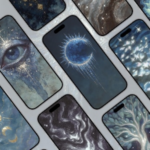 Puede incluir: Una colección de smartphones que muestran arte digital con temática celestial. Las pantallas exhiben varios diseños, incluyendo un ojo azul, un eclipse solar y escenas de noche estrellada. La paleta de colores está dominada por azules, blancos y acentos dorados, creando una estética mística y artística.