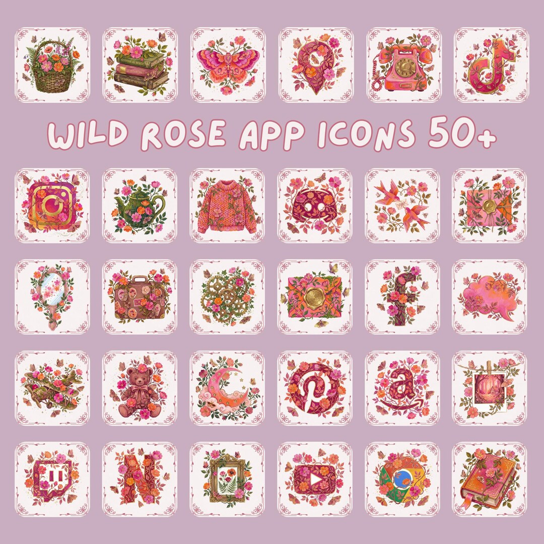 Fantasy Wild Rose Wicca Phone Icons & Wallpaper Set Cottagecore Moth ...