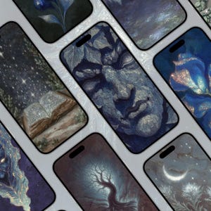 Puede incluir: Una colección de pantallas de teléfonos inteligentes que muestran obras de arte de fantasía. Las pantallas presentan varias ilustraciones, incluyendo una escena de noche estrellada con un libro abierto, una cara de piedra y una silueta de árbol. La paleta de colores está dominada por azules y verdes.