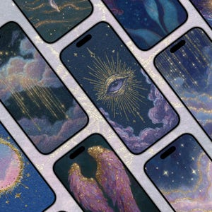Puede incluir: Una colección de smartphones que muestran arte digital con temática celestial. Las pantallas presentan ilustraciones de ensueño de cielos estrellados, nubes y un ojo dentro de un diseño de rayos de sol, todo en tonos de azul, morado y dorado. La estética general es mística y artística.