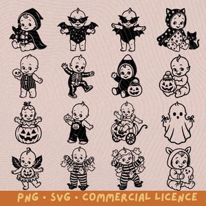 Puede incluir: Una colección de ilustraciones en blanco y negro de bebés con temática de Halloween. Los bebés están vestidos con varios disfraces, incluyendo murciélagos, esqueletos y fantasmas. El texto "PNG • SVG • COMMERCIAL LICENCE" está en la parte inferior.