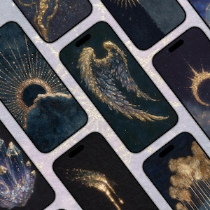 Puede incluir: Una colección de smartphones que muestran arte digital con temas celestiales. Cada teléfono presenta un diseño único, incluyendo alas de ángel doradas, rayos de sol y patrones abstractos, todo sobre un fondo azul oscuro. El arte tiene una apariencia texturizada y pintada.