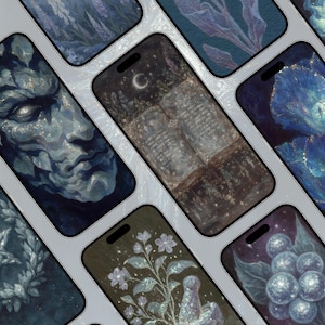 Puede incluir: Una colección de smartphones que muestran varios fondos de pantalla de arte digital. El arte presenta una estatua, un libro abierto, diseños florales y otras ilustraciones en tonos de azul, gris y blanco. Los teléfonos están dispuestos en diagonal sobre un fondo gris claro.