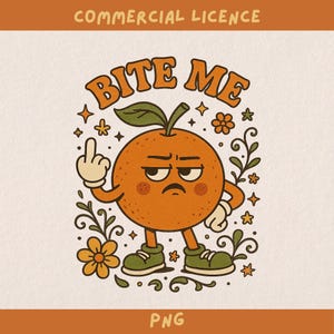 Beißen Sie mich orange png, snarky Frucht transparentes Design, einzigartiges Design, lustiges Retro Design für Sublimation und Druck, kommerzielle Lizenz
