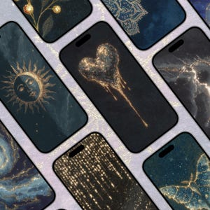 Puede incluir: Varios smartphones que muestran fondos de pantalla digitales con diseños celestiales y abstractos. Los fondos de pantalla presentan tonos de azul, dorado y negro. Los diseños incluyen un sol con una cara, un corazón y una mariposa.