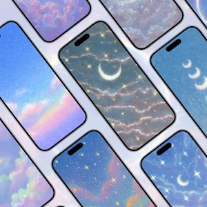 May include: A collection of smartphones with dreamy, celestial-themed wallpapers. The screens display various designs, including crescent moons, stars, and cloud patterns in shades of blue, purple, and pink. The phones are arranged at different angles, creating a visually appealing display.