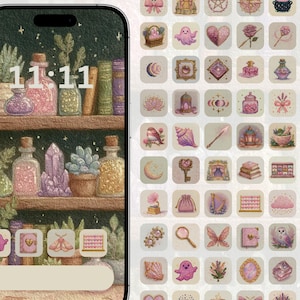 May include: A digital phone wallpaper featuring a mystical theme. The left side shows a shelf with bottles, crystals, and books. The right side displays app icons with various designs, including hearts, flowers, and a pink octopus. The time 11:11 is displayed on the phone.