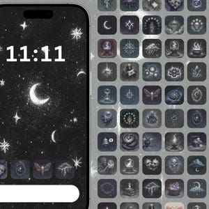 May include: A smartphone screen displays a dark, starry background with the time 11:11 in white. The screen features a crescent moon and star icons. Adjacent to the phone are app icons with mystical and occult-themed illustrations in shades of gray and blue.