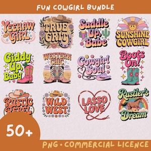 trendige 50+ West Cowgirl Shirt Design Bundle, kommerzielle PNG Set, Land Geschenk, digitaler Download auf Anfrage, Aufkleber lustiger Girly Cowboy