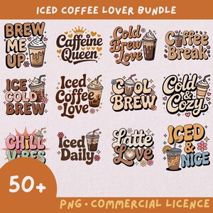 Pacote de camisetas modernas para amantes de café gelado com mais de 50 anos, conjunto png comercial, presente para amantes de café, download digital sob demanda, adesivo engraçado feminino