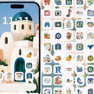 Greek Summer App Icons, Mediterranean iOS 100 Icon Pack, Blue Lemon Santorini Theme, watercolour style Coastal iPhone & Android Icons