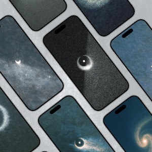 May include: A collection of smartphones with celestial-themed wallpapers. The screens display various cosmic designs, including galaxies, moons, and nebulas, in shades of blue, gray, and white. The phones are arranged in a diagonal pattern against a light gray background.