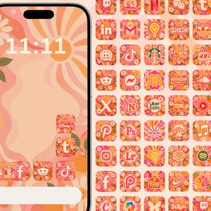 May include: A smartphone screen displaying a digital wallpaper with a peach and pink sunburst pattern, white daisies, and oranges. The screen features the time 11:11 and a grid of app icons, each customized with a matching floral and sunburst background.