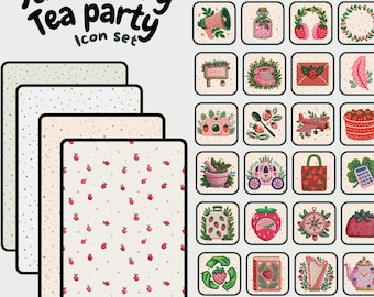 Strawberry Tea Party Phone Icons and Wallpaper, Cottagecore Berry Theme (Digital Download)