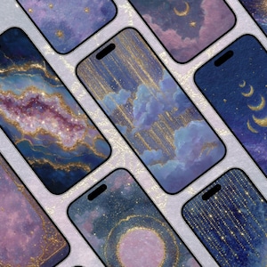 May include: A collection of smartphones displaying celestial-themed wallpapers. The screens feature dreamy designs with gold accents, including starry skies, clouds, and moon phases. The color palette includes shades of blue, purple, and gold.