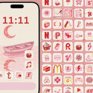 May include: A smartphone screen displaying a pink-themed interface with a digital clock reading 11:11, a crescent moon, and a boat illustration. The screen features various app icons in shades of pink and red, including logos for Netflix, Hulu, and Amazon.
