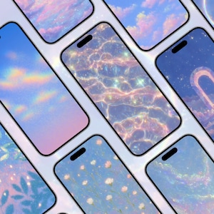 Puede incluir: Una colección de teléfonos inteligentes que muestran fondos de pantalla de colores pastel. Las pantallas presentan varias escenas de ensueño, incluyendo nubes, reflejos de agua y patrones florales. La estética general es suave y etérea, con un enfoque en azules claros, rosas y morados.