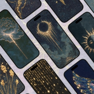 Puede incluir: Varios smartphones que muestran fondos de pantalla con temática celestial. Los diseños presentan detalles dorados sobre un fondo azul oscuro y verde azulado, con imágenes de un sol, una luna, flores y patrones de estrellas. Los teléfonos están dispuestos en diagonal.