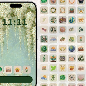 Może przedstawiać: Smartfon wyświetla godzinę 11:11 na tle kwiatowej tapety. Ekran otoczony jest kwadratowymi ikonami aplikacji z różnymi ilustracjami o tematyce przyrodniczej, w tym kwiatami, liśćmi i nutami.
