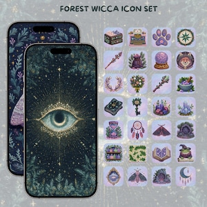 Puede incluir: Imagen de arte digital que presenta un teléfono con un fondo azul oscuro y un diseño de ojo. La imagen también muestra un conjunto de 24 iconos de aplicaciones con ilustraciones místicas y temáticas de la naturaleza, incluyendo un zorro, cristales y un atrapasueños. El texto "FOREST WICCA ICON SET" está en la parte superior.