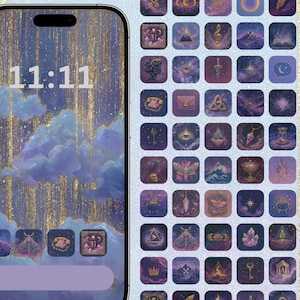 May include: A smartphone screen showing the time 11:11 set against a purple sky with gold highlights. To the right, a collection of square stickers featuring mystical symbols and illustrations in shades of purple and gold.