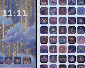 lilac and gold wicca Phone Icons & Wallpaper Set spellbound dark witch Theme with fantasy Aesthetic, iOS App , cozy Watercolor Background