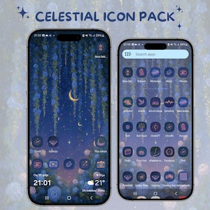 May include: Two smartphones displaying a celestial-themed icon pack. The screens feature a dark blue background with a crescent moon and floral accents. The text "CELESTIAL ICON PACK" is at the top. App icons are visible, with the time and date displayed.