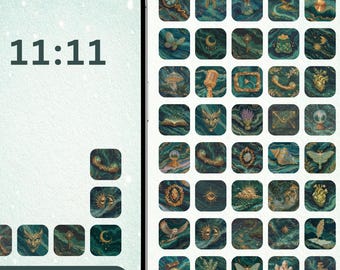 dark forest wicca Phone Icons & Wallpaper Set spellbound dark witch Theme with fantasy Aesthetic, iOS App , cozy Watercolor Background