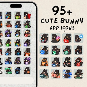 Könnte beinhalten: Eine digitale Sammlung von über 95 App-Symbolen mit schwarzen Hasenfiguren, die einen Stern auf der Stirn tragen, dargestellt auf einem Smartphone-Bildschirm und als einzelne quadratische Symbole mit verschiedenen Logos.