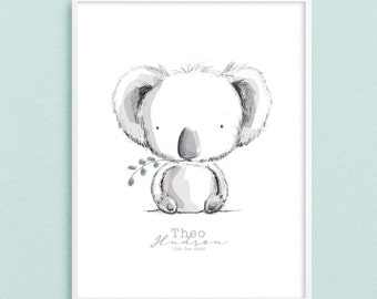 Personalised Koala Nursery Print, Personalised New Baby Gift, Baby Koala Print, Australian Animal Nursery Print