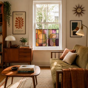 May include: A window film featuring a geometric pattern of overlapping rounded rectangles in shades of orange, yellow, pink, and purple. The film is applied to the lower panes of a white-framed window, creating a stained glass effect with light.