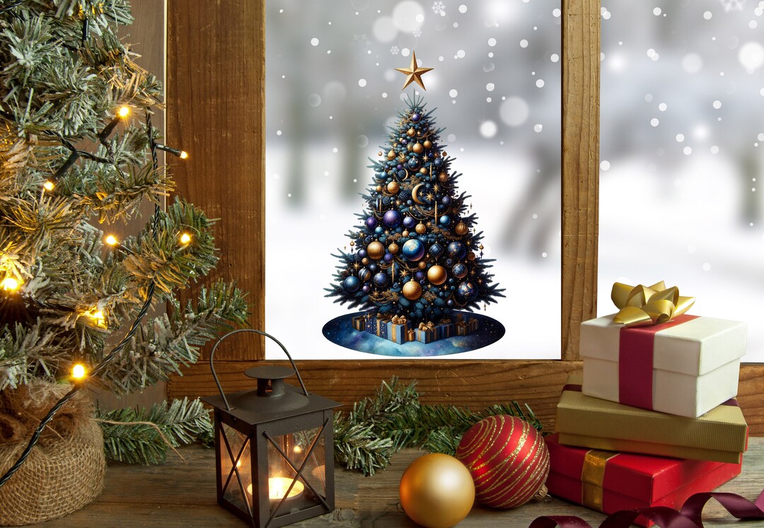 Colourful Tree Window Sticker Christmas Tree Window Sticker, Christmas Wreath Decal, Double-sided ...