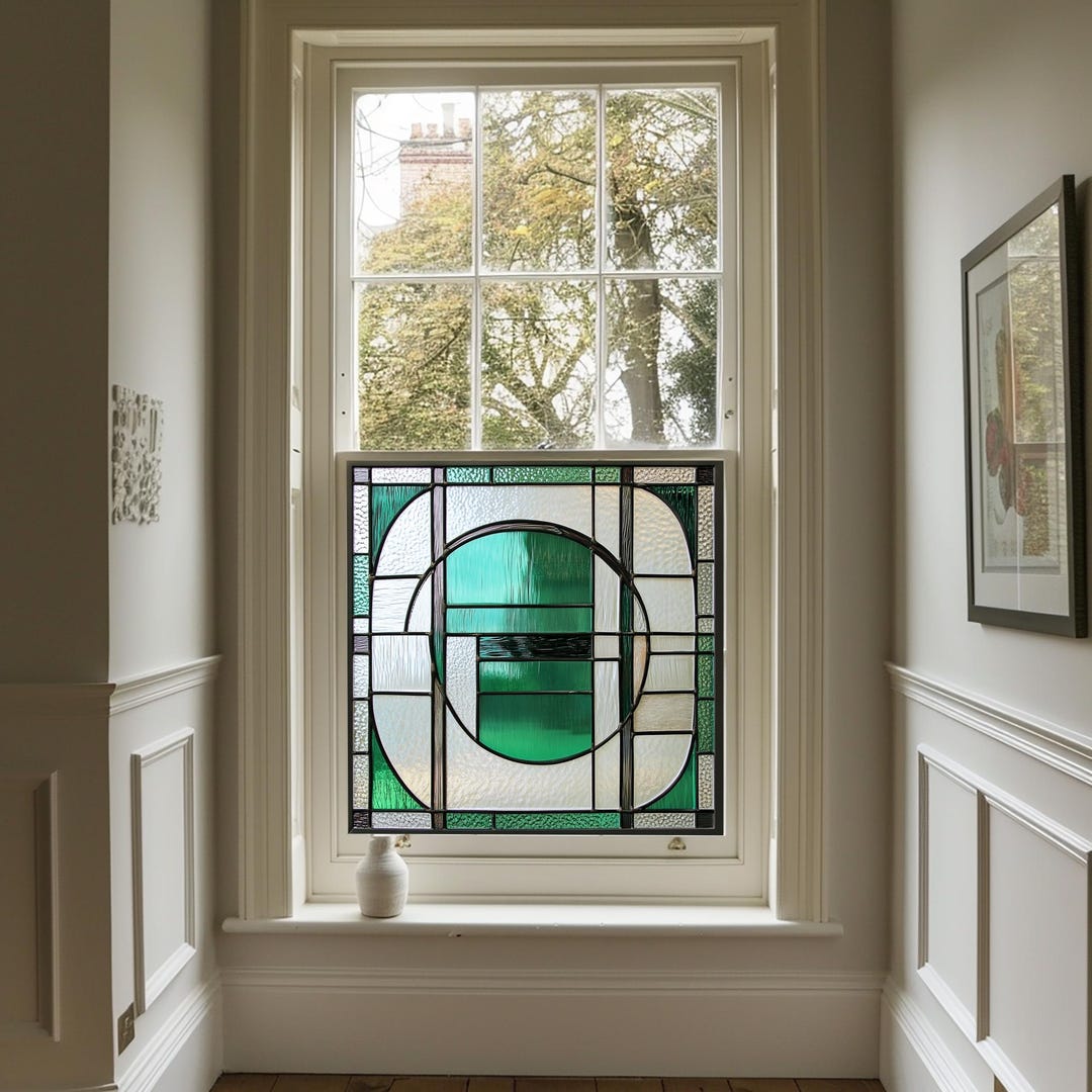 Green Art Deco Window Film, Decorative Window Film, Front Door Window