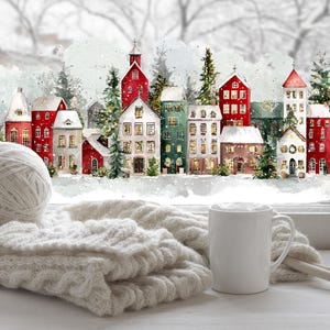 Peut inclure: Une scène hivernale avec une pelote de laine blanche, une couverture en tricot crème pliée et une tasse blanche. L'arrière-plan présente une peinture à l'aquarelle d'un village enneigé avec des bâtiments rouges et verts.