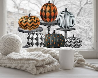 Puede incluir: Ilustración en acuarela de calabazas decorativas con varios patrones y colores, expuestas sobre pequeños pedestales. Una madeja de lana, una manta de punto, una taza blanca y agujas de tejer crean una escena otoñal y acogedora.