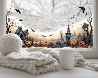 Puede incluir: Una escena de Halloween con una taza blanca, lana y una manta de punto. La ventana muestra un paisaje espeluznante con calabazas, murciélagos y una casa embrujada. Agujas de tejer descansan junto a la taza.