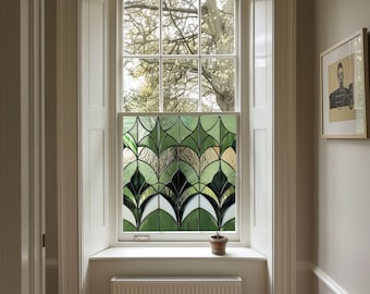 Green Art Deco Privacy Window Film, Custom Size