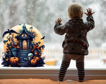 Vetrofanie Halloween Rosa - 5 Adesivi Rimovibili Con Zucca, Strega E Fantasmi Per Finestre