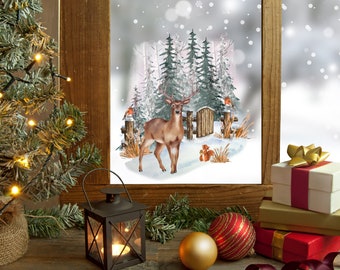 Christmas Window Sticker, Woodland Deer Window Sticker, Double-Sided Reusable Christmas scene Window Stickers, Christmas Window Decal,