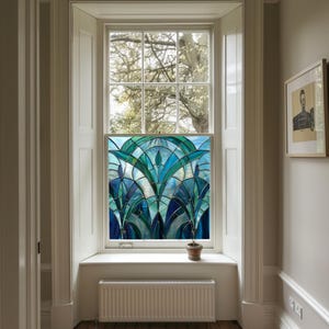 Blue Art Deco Window Film, Privacy Film, Stained Glass Style