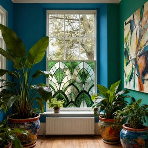 Green Art Deco Privacy Window Film, Custom Size