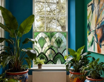 Green Art Deco Privacy Window Film, Custom Size