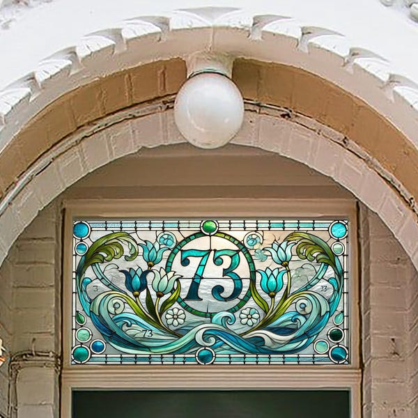 Art Nouveau Floral House Number Window Film, Privacy Transom Panel
