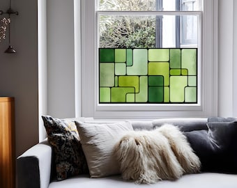 Lámina para ventanas con efecto vidriera que proporciona privacidad, panel de lámina geométrica para ventanas de estilo mediados de siglo.